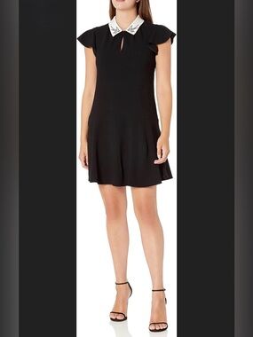 Rebecca Taylor Black Bird Embellished Collar Dress Sz 4 Flutter Sleeve Fit Flare